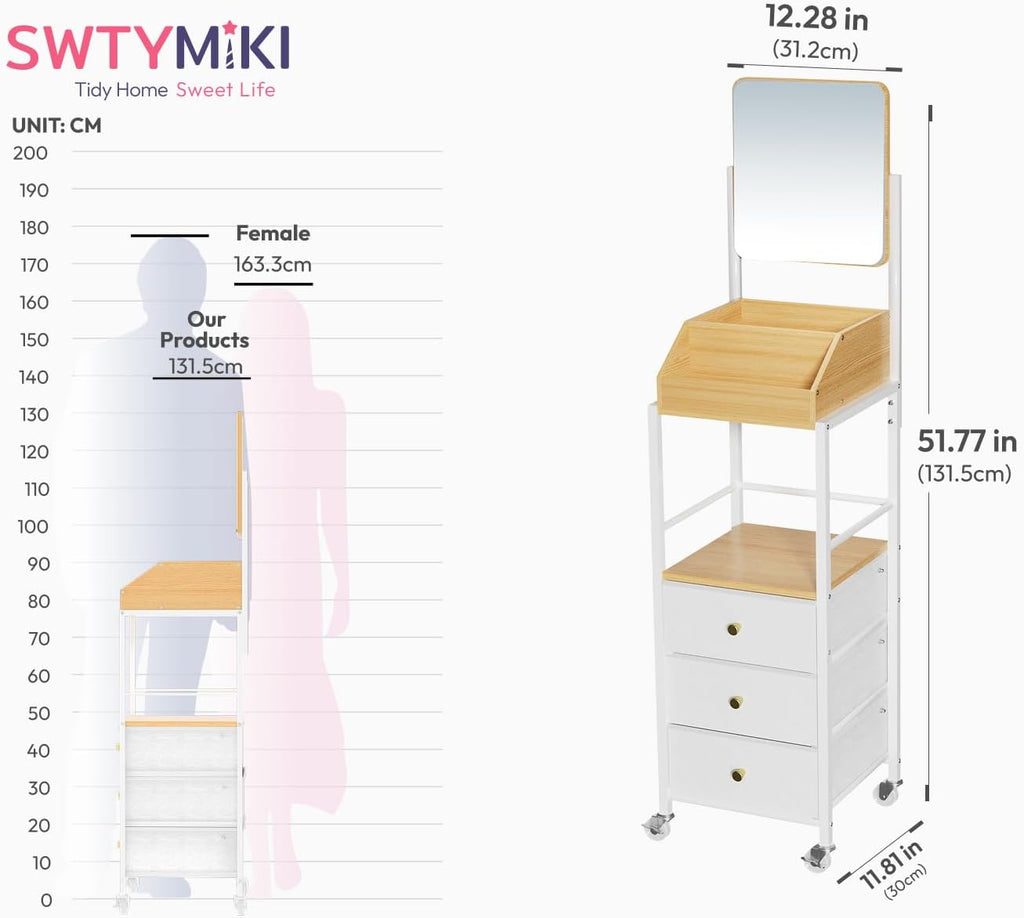 SWTYMIKI Makeup Organizer Cart with Mirror - Makeup Storage Vanity Dresser with Non-Woven Drawers, 360° Rotating HD Mirror, Rolling Organizer Cart for Skin Care Perfume Nail Polish Hair Tool White