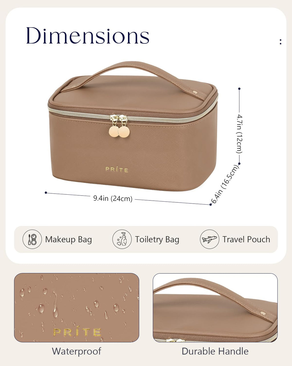 Prite Makeup Bag Travel Cosmetic Case, Women Toiletry Bag Organizer, Beige | Make Up Bag, PU Leather Waterproof Large Makeup & Skincare Case with Brush Holder, Divider & Handle for Girls