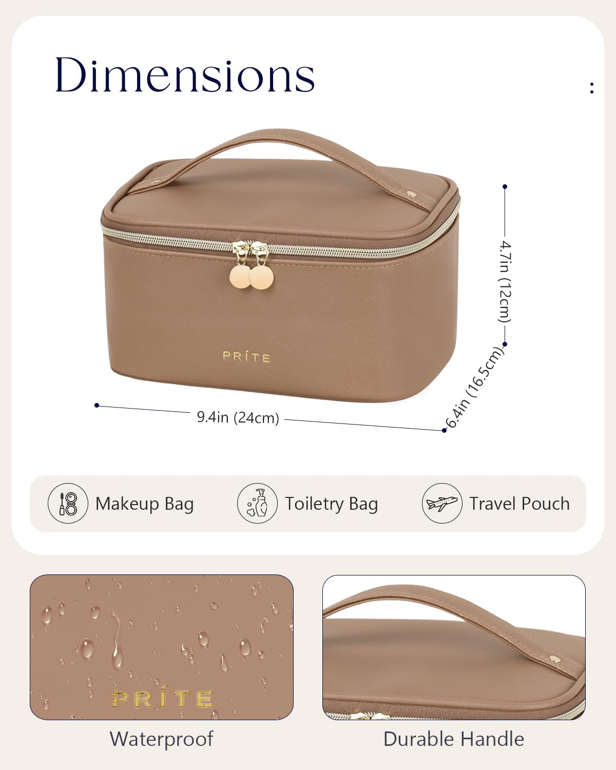 Prite Makeup Bag Travel Cosmetic Case, Women Toiletry Bag Organizer, Beige | Make Up Bag, PU Leather Waterproof Large Makeup & Skincare Case with Brush Holder, Divider & Handle for Girls