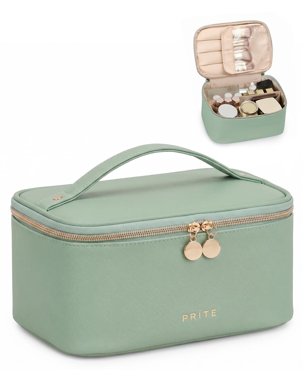 Prite Makeup Bag Travel Cosmetic Case, Women Toiletry Bag Organizer, Beige | Make Up Bag, PU Leather Waterproof Large Makeup & Skincare Case with Brush Holder, Divider & Handle for Girls