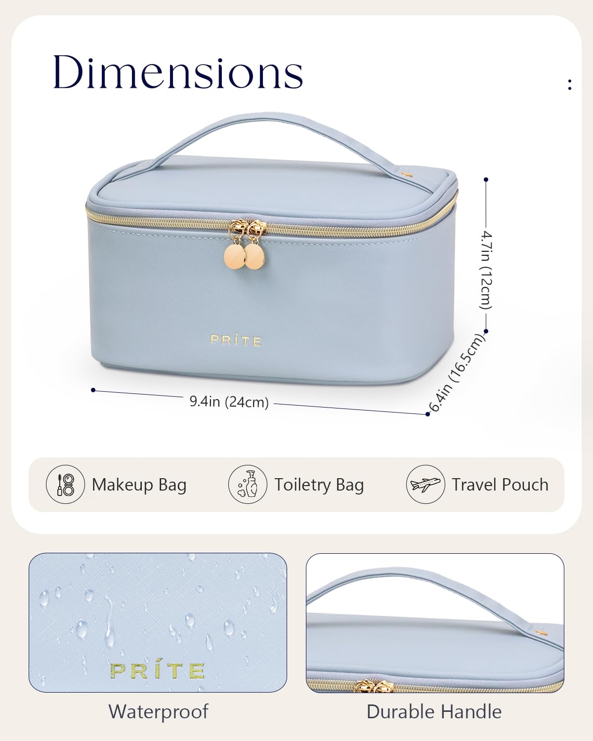 Prite Makeup Bag Travel Cosmetic Case, Women Toiletry Bag Organizer, Beige | Make Up Bag, PU Leather Waterproof Large Makeup & Skincare Case with Brush Holder, Divider & Handle for Girls