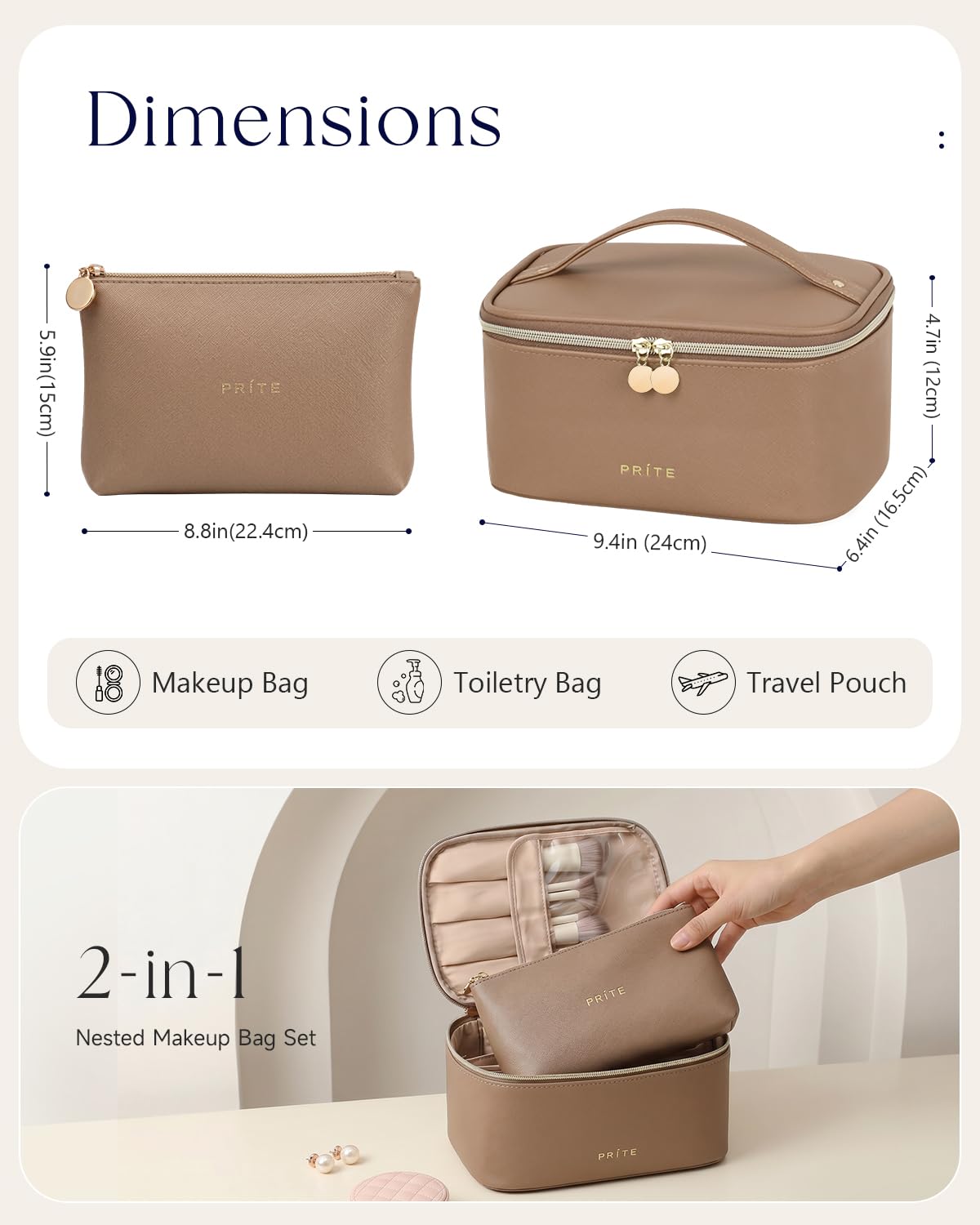 Prite Makeup Bag Travel Cosmetic Case, Women Toiletry Bag Organizer, Beige | Make Up Bag, PU Leather Waterproof Large Makeup & Skincare Case with Brush Holder, Divider & Handle for Girls