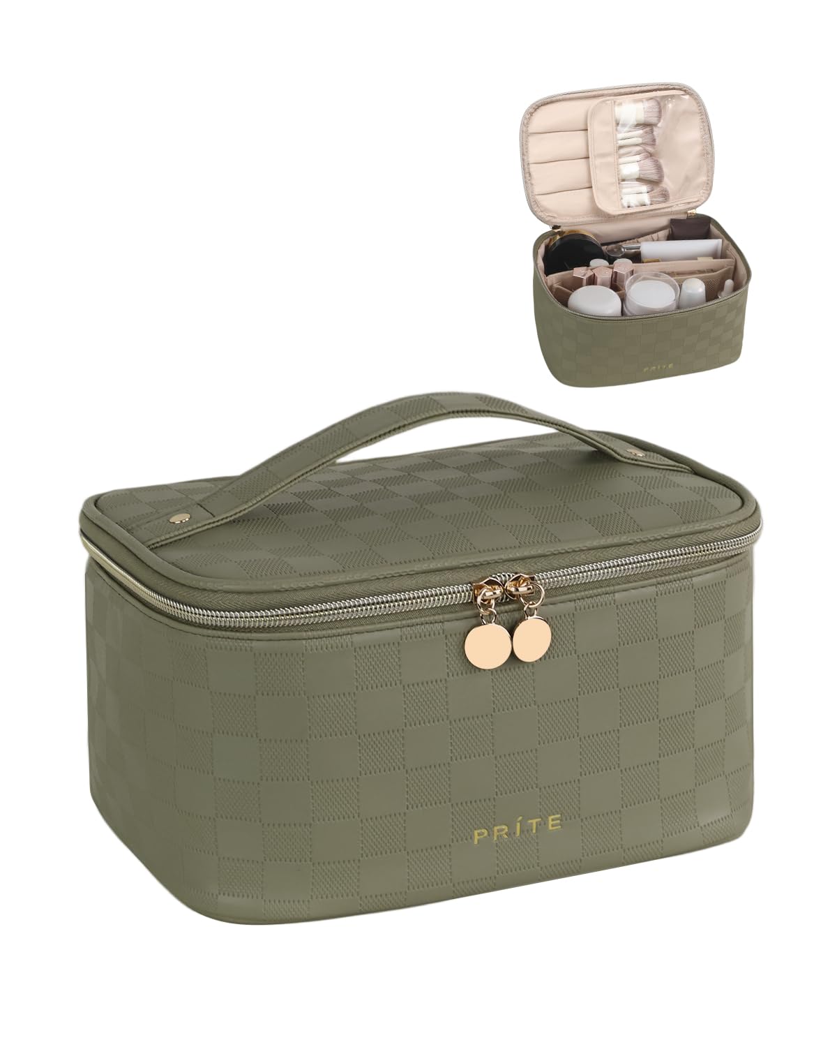 Prite Makeup Bag Travel Cosmetic Case, Women Toiletry Bag Organizer, Beige | Make Up Bag, PU Leather Waterproof Large Makeup & Skincare Case with Brush Holder, Divider & Handle for Girls
