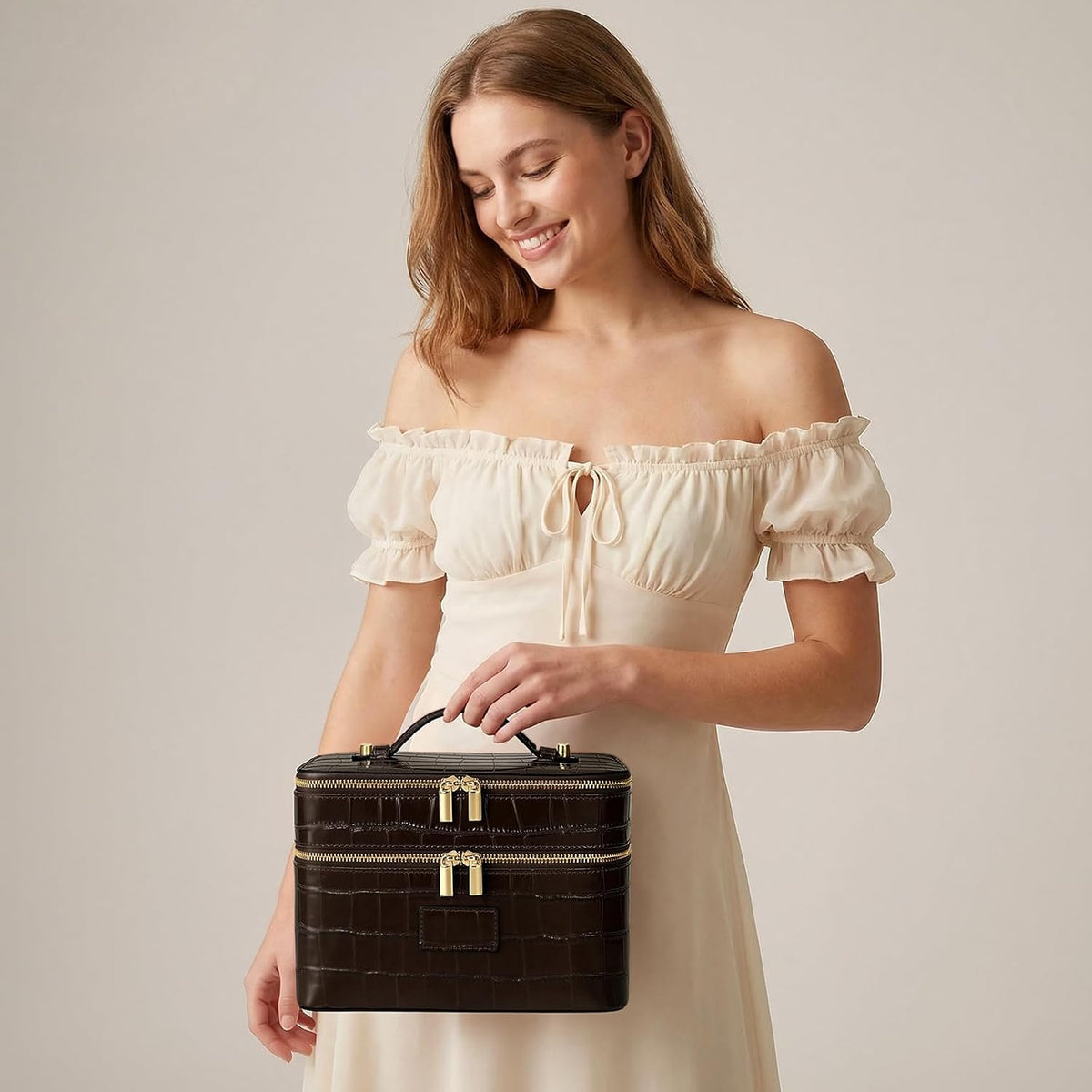 HiTotes Large Makeup Bag Crocodile Duo Vanity Case for Women Travel Toiletry Bag Leather Makeup Case Cosmetic Bag