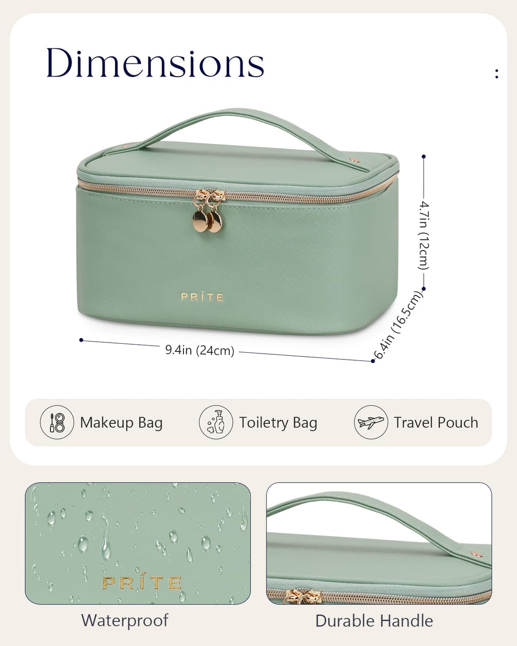 Prite Makeup Bag Travel Cosmetic Case, Women Toiletry Bag Organizer, Beige | Make Up Bag, PU Leather Waterproof Large Makeup & Skincare Case with Brush Holder, Divider & Handle for Girls