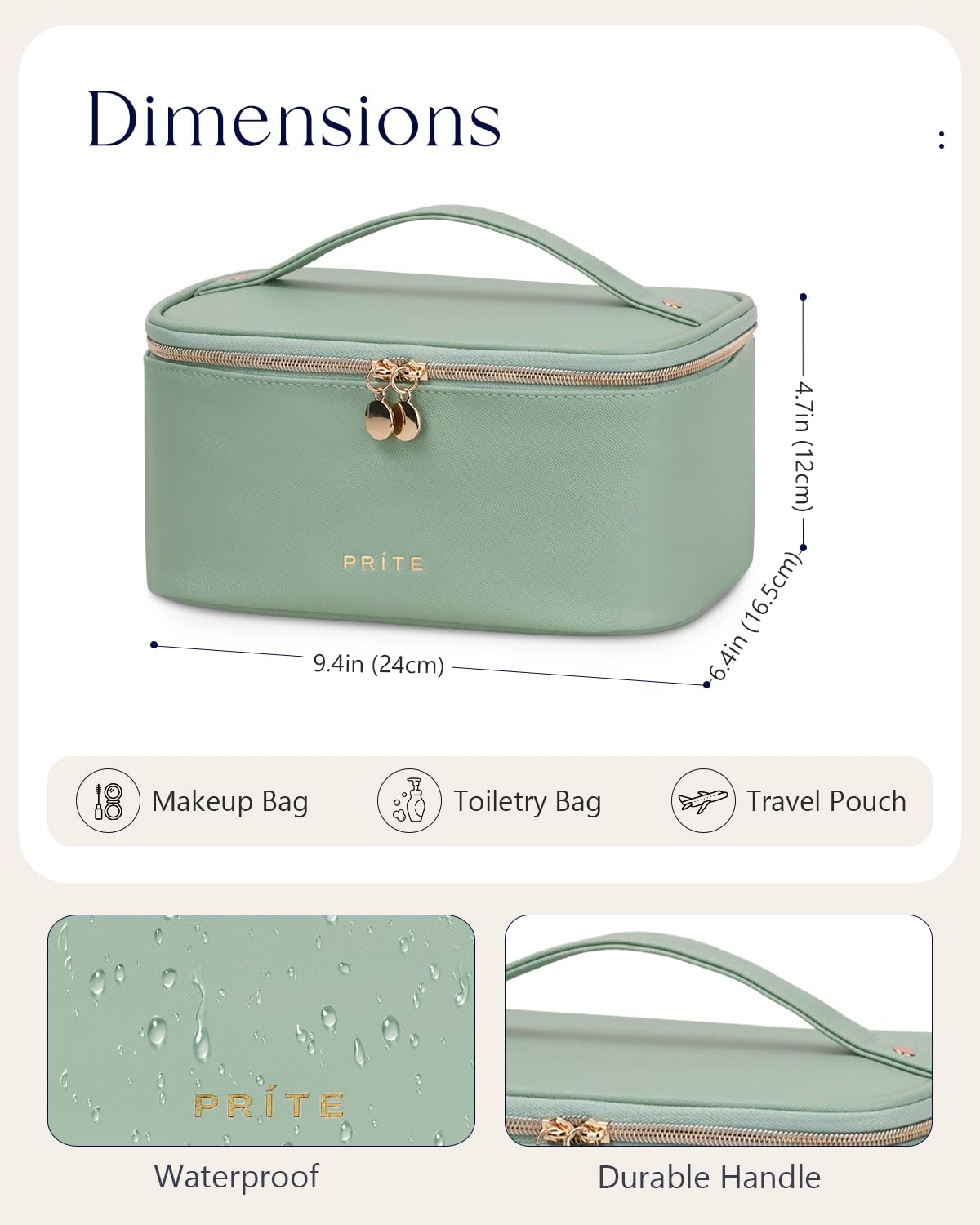 Prite Makeup Bag Travel Cosmetic Case, Women Toiletry Bag Organizer, Beige | Make Up Bag, PU Leather Waterproof Large Makeup & Skincare Case with Brush Holder, Divider & Handle for Girls