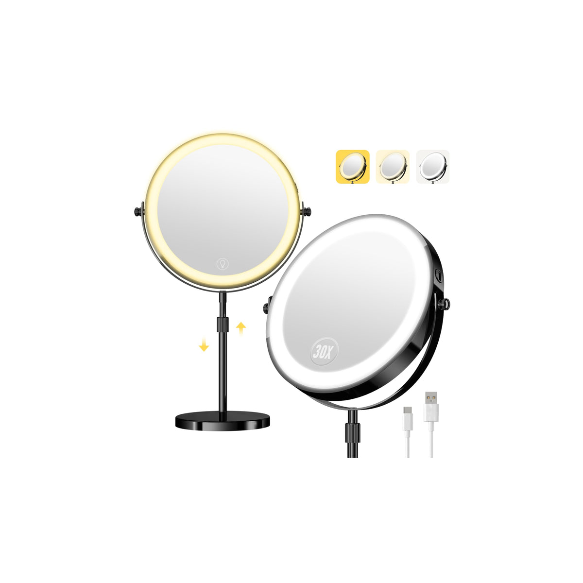 1X/30X Makeup Mirror with Lights, Height Adjustable Double Sided Vanity Mirror, 360° Rotation Cosmetic Mirror for Desk Bathroom, Ideal Gift for Women (Antique Bronze)