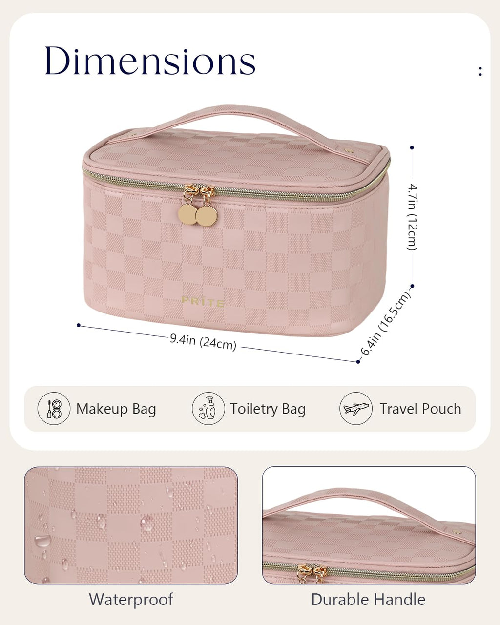 Prite Makeup Bag Travel Cosmetic Case, Women Toiletry Bag Organizer, Beige | Make Up Bag, PU Leather Waterproof Large Makeup & Skincare Case with Brush Holder, Divider & Handle for Girls