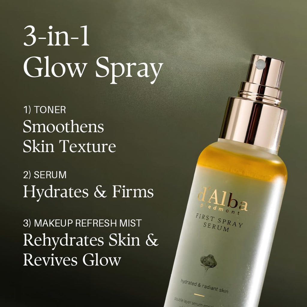 d'alba Piedmont Italian White Truffle First Spray Serum (3.38 fl oz) | Vegan Skin Care, Hydrating Face Moisturizer, Cakey Makeup Fix, Glow Serum for Radiant Skin, Non Comedogenic, Korean skincare