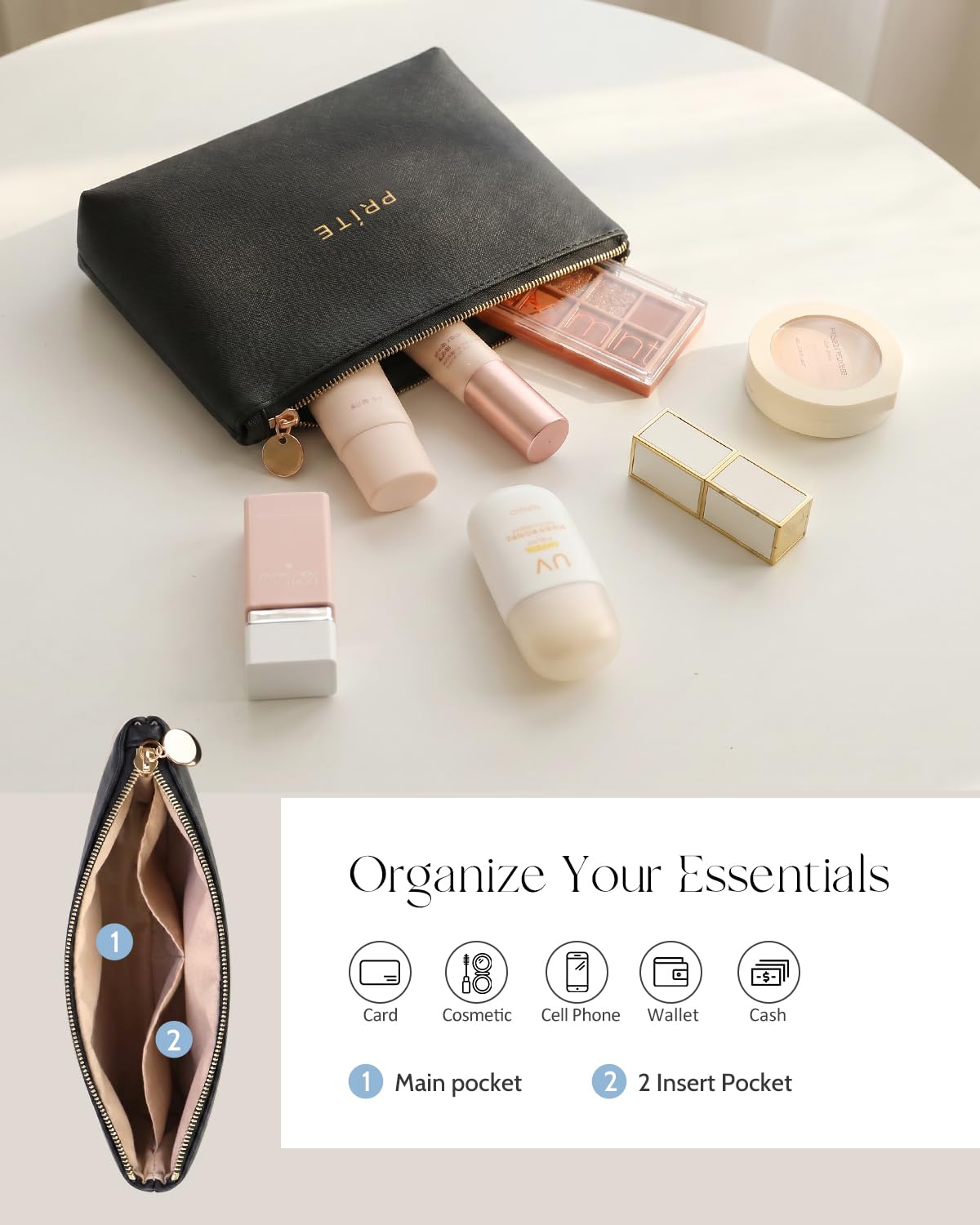 Prite Makeup Bag Travel Cosmetic Case, Women Toiletry Bag Organizer, Beige | Make Up Bag, PU Leather Waterproof Large Makeup & Skincare Case with Brush Holder, Divider & Handle for Girls