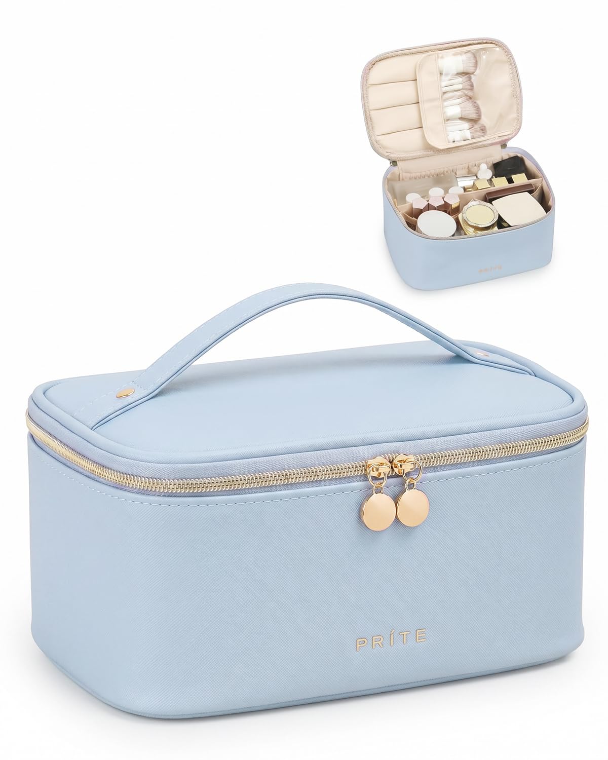Prite Makeup Bag Travel Cosmetic Case, Women Toiletry Bag Organizer, Beige | Make Up Bag, PU Leather Waterproof Large Makeup & Skincare Case with Brush Holder, Divider & Handle for Girls