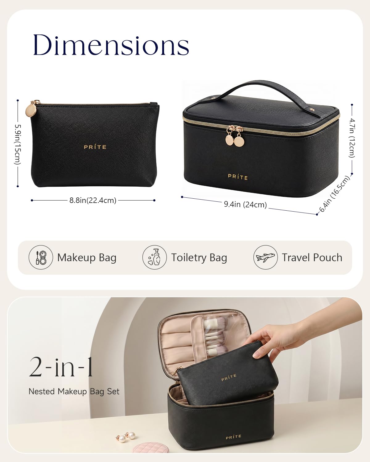 Prite Makeup Bag Travel Cosmetic Case, Women Toiletry Bag Organizer, Beige | Make Up Bag, PU Leather Waterproof Large Makeup & Skincare Case with Brush Holder, Divider & Handle for Girls