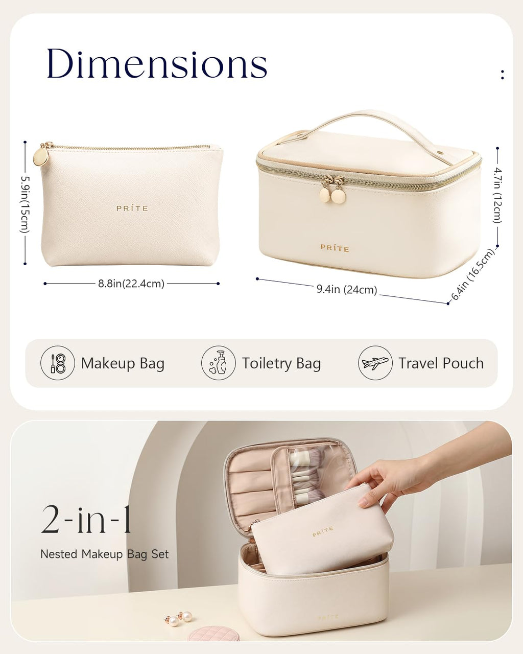 Prite Makeup Bag Travel Cosmetic Case, Women Toiletry Bag Organizer, Beige | Make Up Bag, PU Leather Waterproof Large Makeup & Skincare Case with Brush Holder, Divider & Handle for Girls