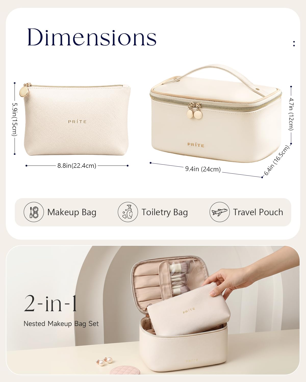Prite Makeup Bag Travel Cosmetic Case, Women Toiletry Bag Organizer, Beige | Make Up Bag, PU Leather Waterproof Large Makeup & Skincare Case with Brush Holder, Divider & Handle for Girls