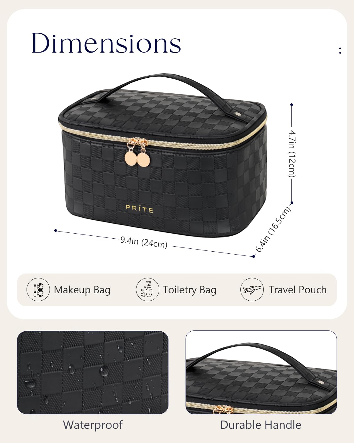 Prite Makeup Bag Travel Cosmetic Case, Women Toiletry Bag Organizer, Beige | Make Up Bag, PU Leather Waterproof Large Makeup & Skincare Case with Brush Holder, Divider & Handle for Girls