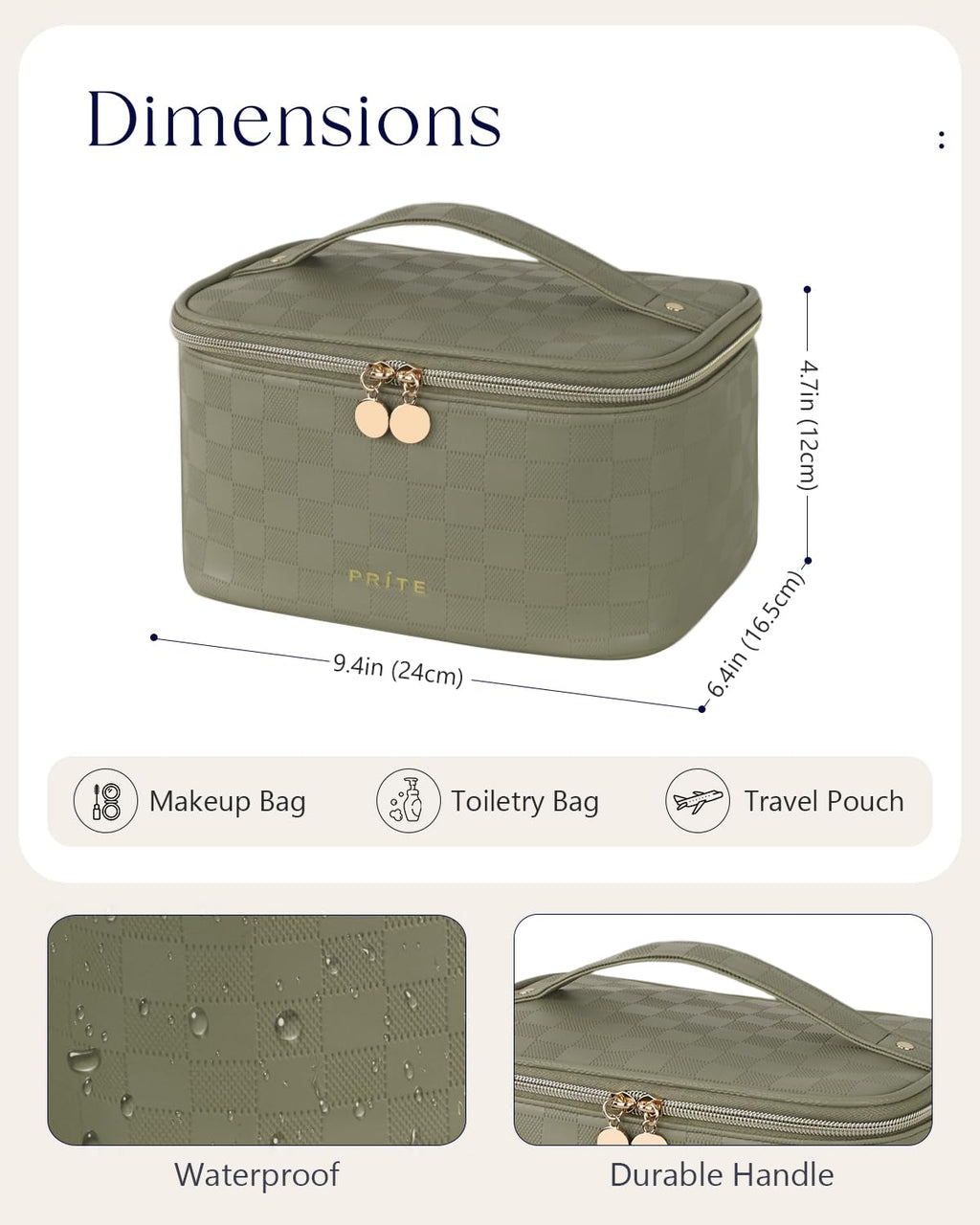 Prite Makeup Bag Travel Cosmetic Case, Women Toiletry Bag Organizer, Beige | Make Up Bag, PU Leather Waterproof Large Makeup & Skincare Case with Brush Holder, Divider & Handle for Girls