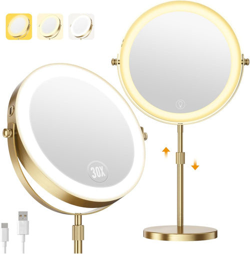 1X/30X Makeup Mirror with Lights, Height Adjustable Double Sided Vanity Mirror, 360° Rotation Cosmetic Mirror for Desk Bathroom, Ideal Gift for Women (Antique Bronze)