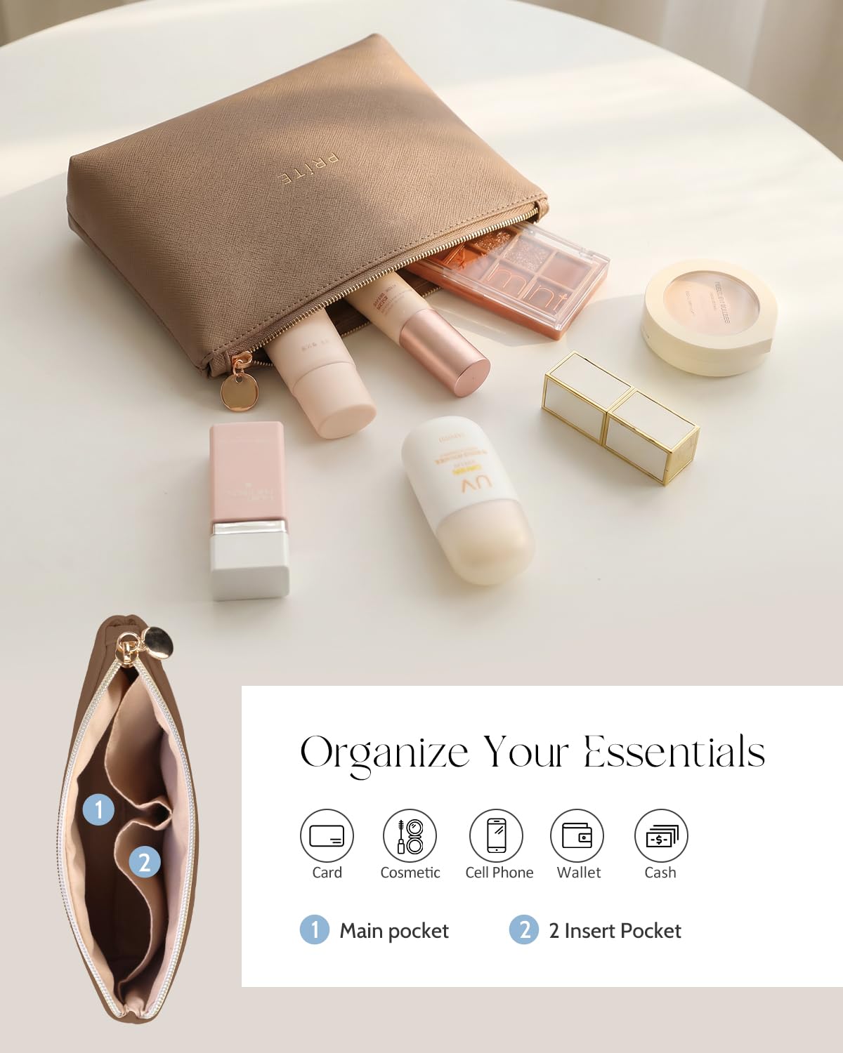 Prite Makeup Bag Travel Cosmetic Case, Women Toiletry Bag Organizer, Beige | Make Up Bag, PU Leather Waterproof Large Makeup & Skincare Case with Brush Holder, Divider & Handle for Girls