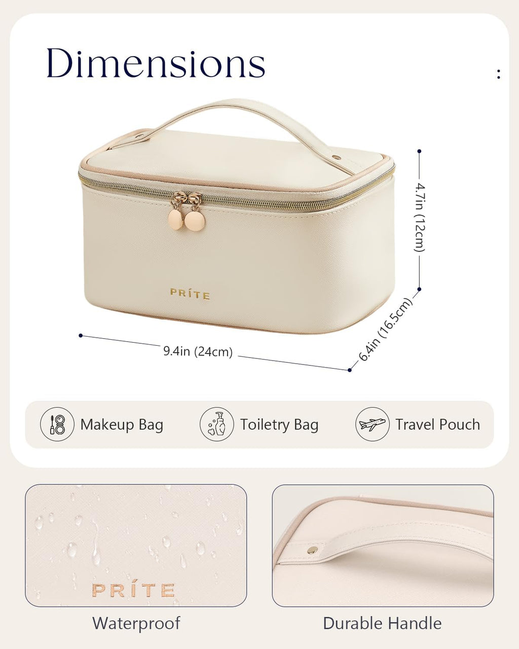 Prite Makeup Bag Travel Cosmetic Case, Women Toiletry Bag Organizer, Beige | Make Up Bag, PU Leather Waterproof Large Makeup & Skincare Case with Brush Holder, Divider & Handle for Girls