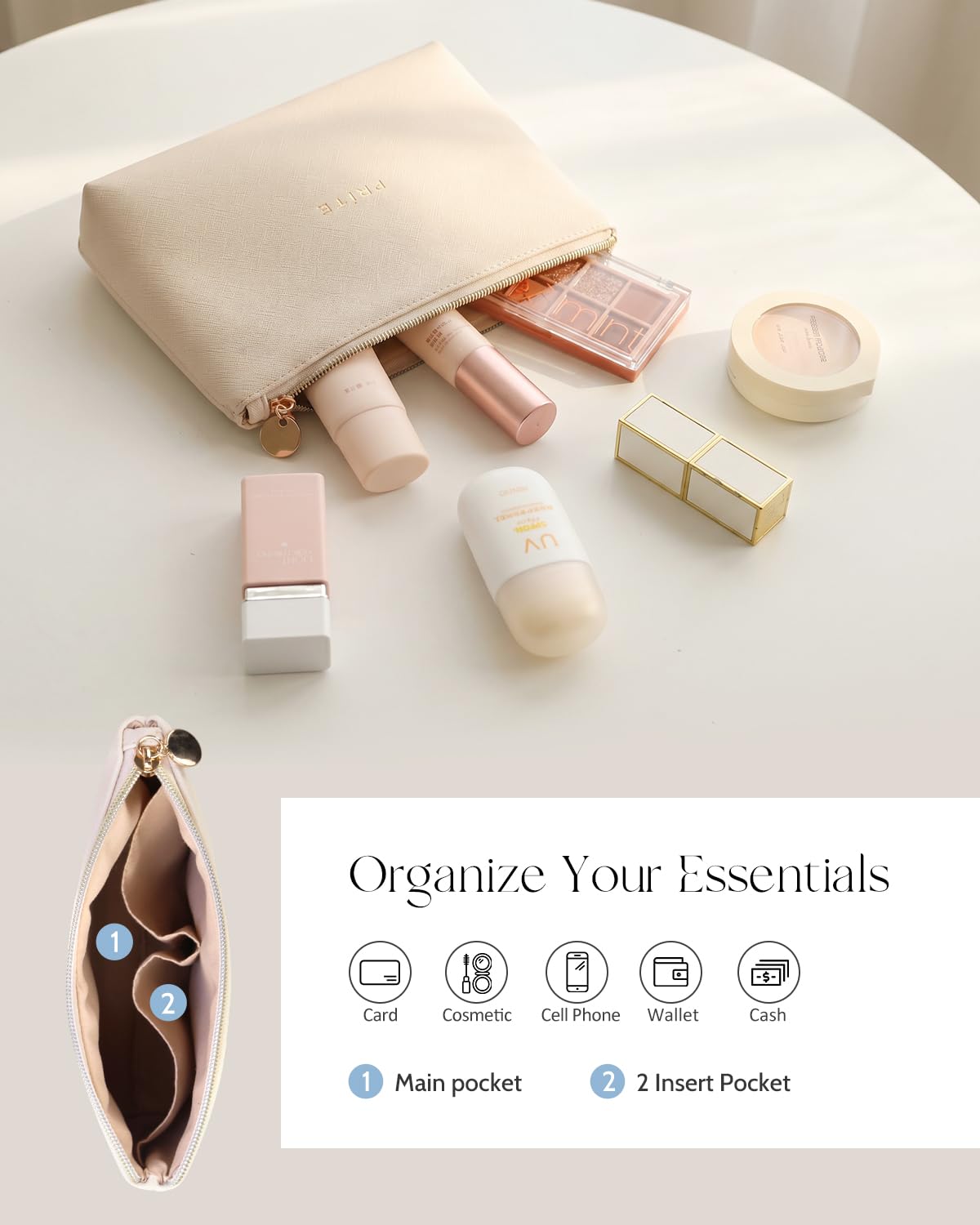 Prite Makeup Bag Travel Cosmetic Case, Women Toiletry Bag Organizer, Beige | Make Up Bag, PU Leather Waterproof Large Makeup & Skincare Case with Brush Holder, Divider & Handle for Girls