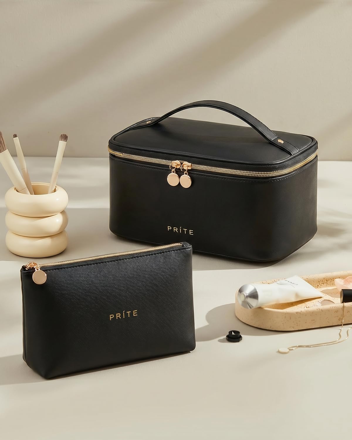 Prite Makeup Bag Travel Cosmetic Case, Women Toiletry Bag Organizer, Beige | Make Up Bag, PU Leather Waterproof Large Makeup & Skincare Case with Brush Holder, Divider & Handle for Girls