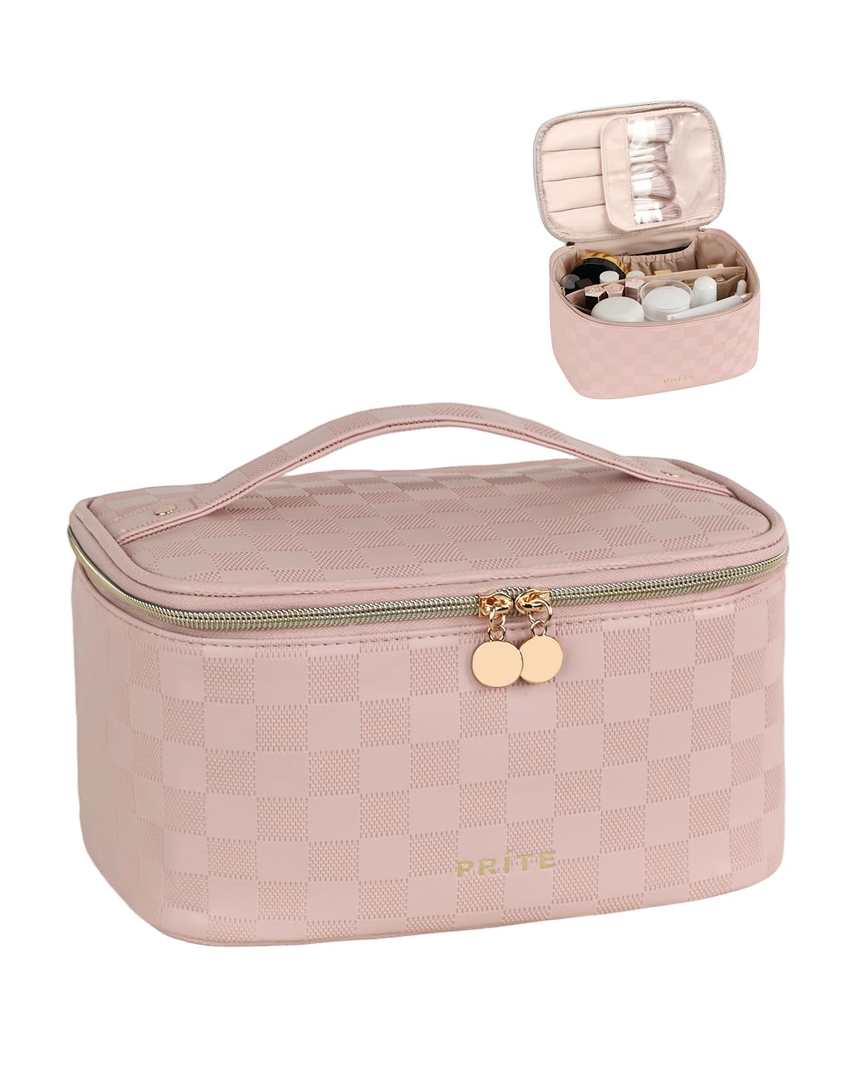 Prite Makeup Bag Travel Cosmetic Case, Women Toiletry Bag Organizer, Beige | Make Up Bag, PU Leather Waterproof Large Makeup & Skincare Case with Brush Holder, Divider & Handle for Girls
