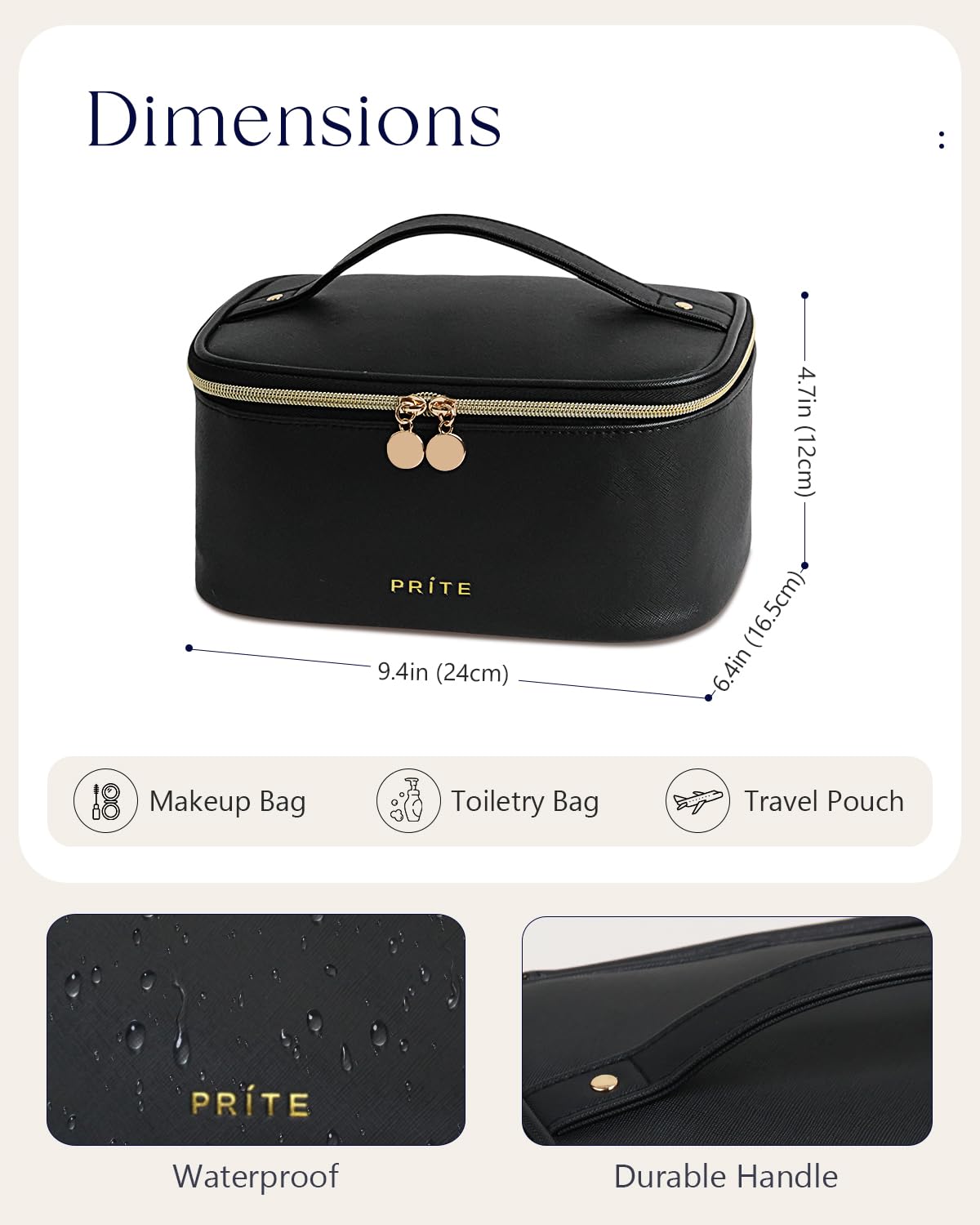 Prite Makeup Bag Travel Cosmetic Case, Women Toiletry Bag Organizer, Beige | Make Up Bag, PU Leather Waterproof Large Makeup & Skincare Case with Brush Holder, Divider & Handle for Girls