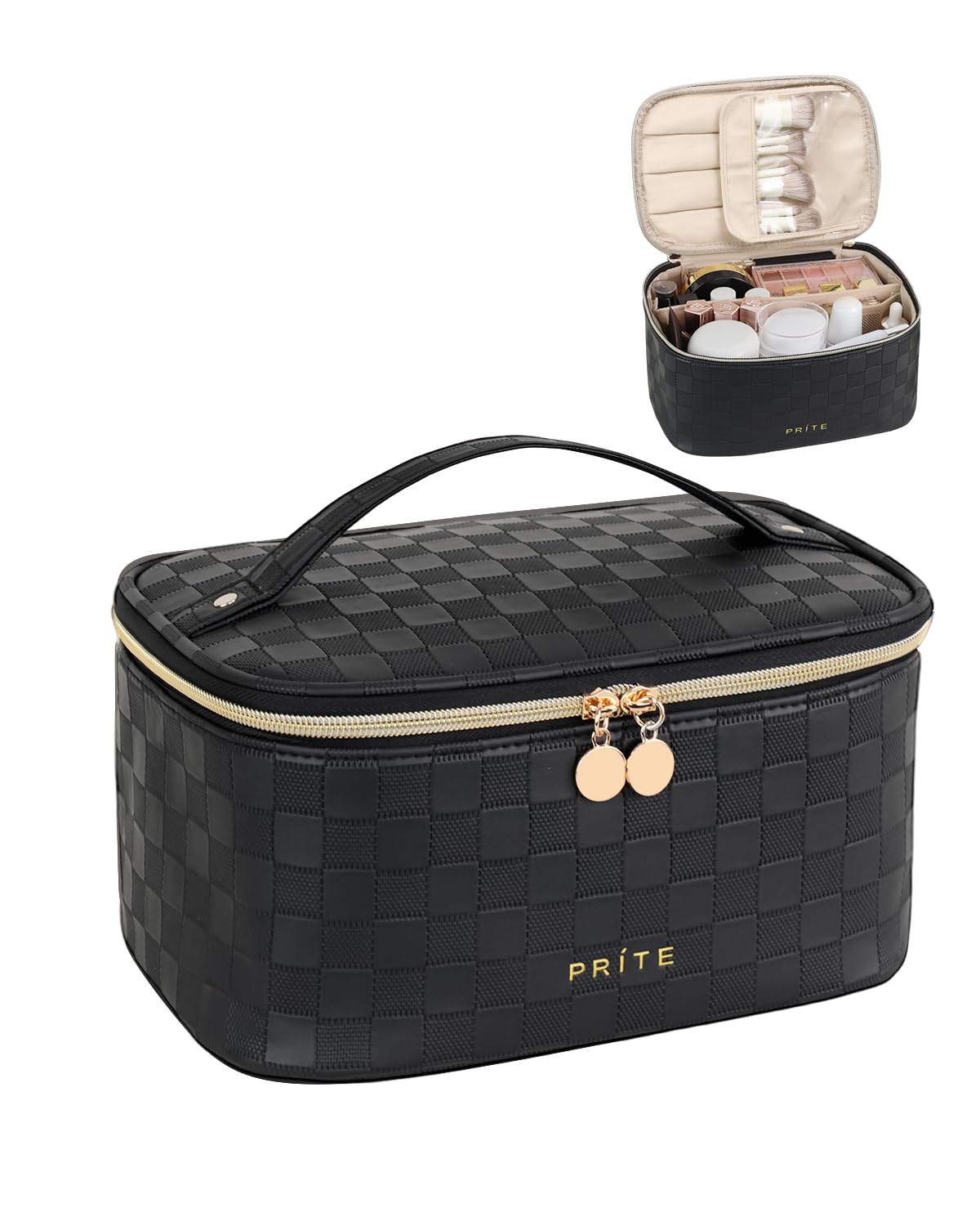 Prite Makeup Bag Travel Cosmetic Case, Women Toiletry Bag Organizer, Beige | Make Up Bag, PU Leather Waterproof Large Makeup & Skincare Case with Brush Holder, Divider & Handle for Girls