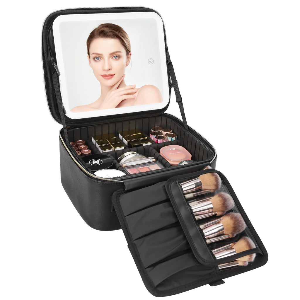 Relavel Large Makeup Case with LED Mirror, 16.2" Train Case with Dividers