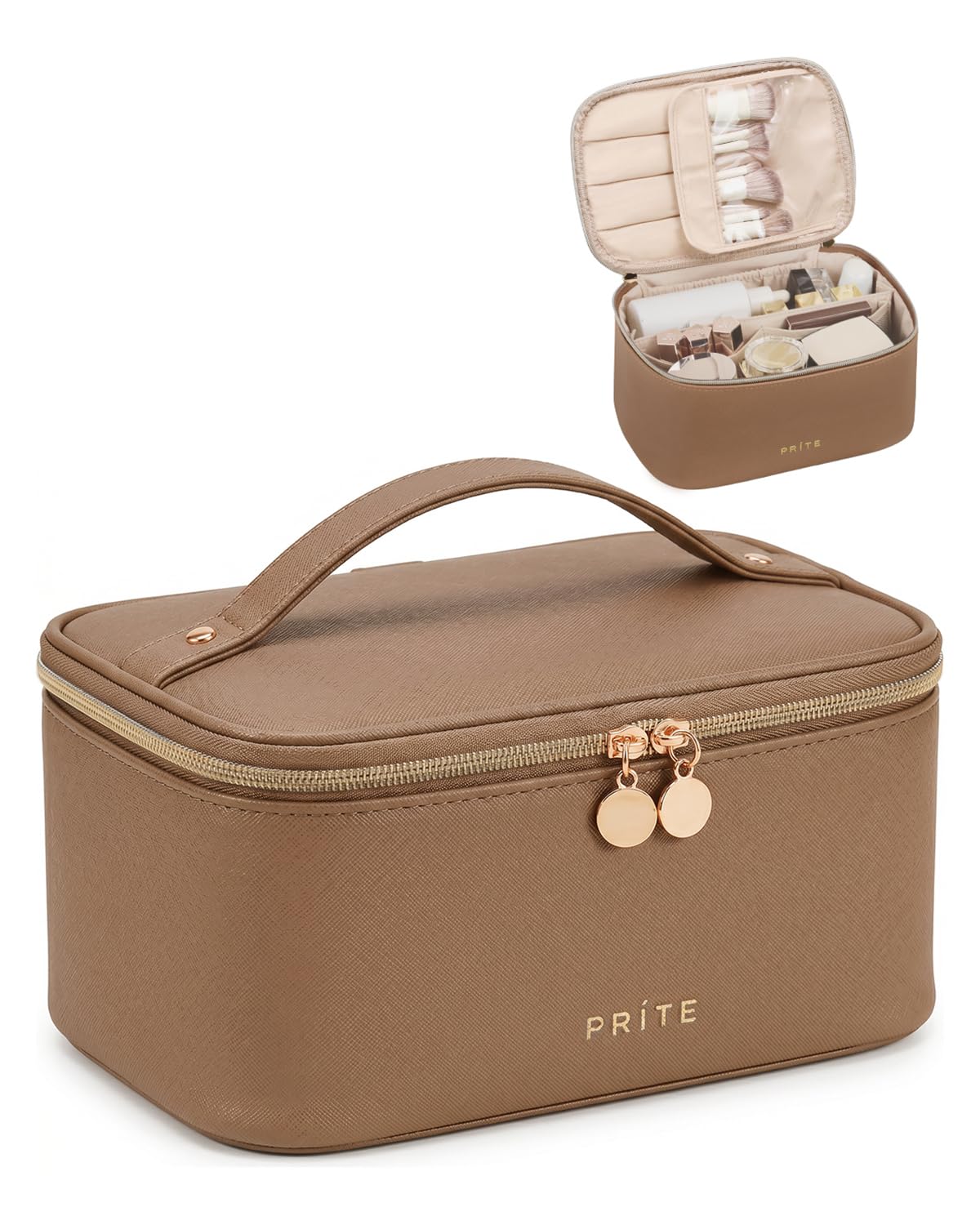 Prite Makeup Bag Travel Cosmetic Case, Women Toiletry Bag Organizer, Beige | Make Up Bag, PU Leather Waterproof Large Makeup & Skincare Case with Brush Holder, Divider & Handle for Girls