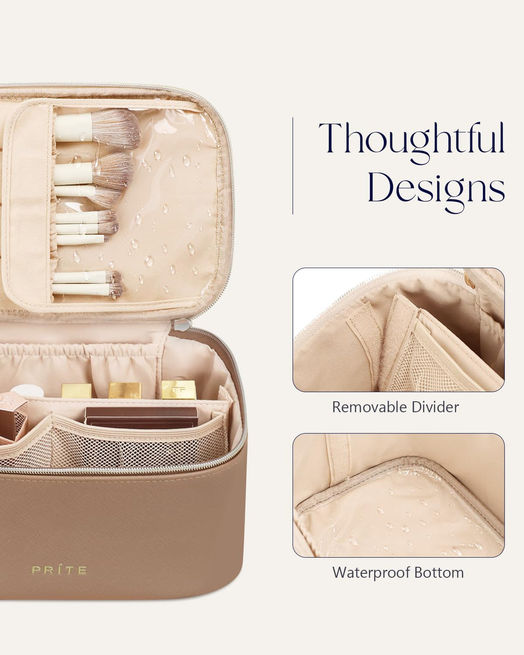 Prite Makeup Bag Travel Cosmetic Case, Women Toiletry Bag Organizer, Beige | Make Up Bag, PU Leather Waterproof Large Makeup & Skincare Case with Brush Holder, Divider & Handle for Girls