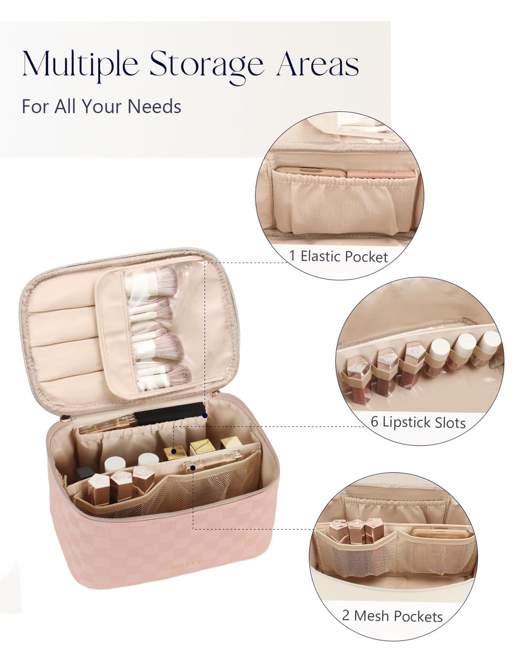 Prite Makeup Bag Travel Cosmetic Case, Women Toiletry Bag Organizer, Beige | Make Up Bag, PU Leather Waterproof Large Makeup & Skincare Case with Brush Holder, Divider & Handle for Girls