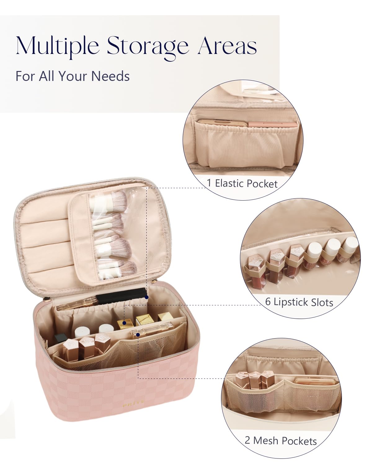 Prite Makeup Bag Travel Cosmetic Case, Women Toiletry Bag Organizer, Beige | Make Up Bag, PU Leather Waterproof Large Makeup & Skincare Case with Brush Holder, Divider & Handle for Girls