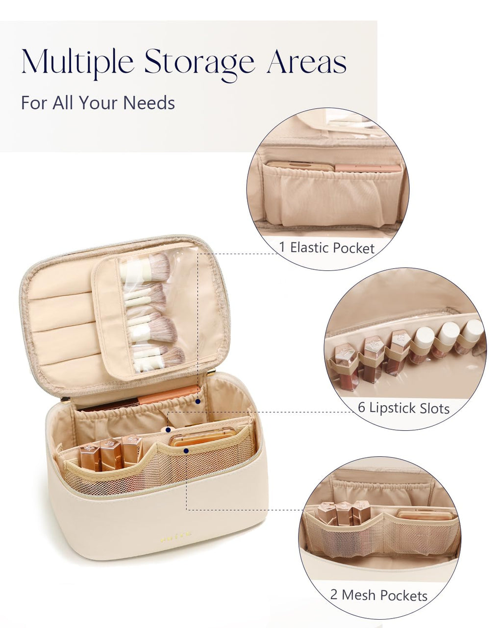 Prite Makeup Bag Travel Cosmetic Case, Women Toiletry Bag Organizer, Beige | Make Up Bag, PU Leather Waterproof Large Makeup & Skincare Case with Brush Holder, Divider & Handle for Girls
