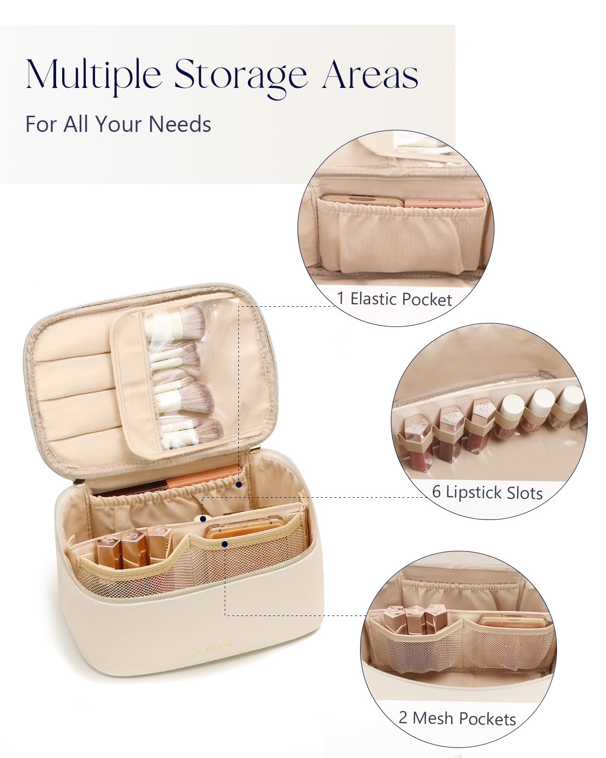 Prite Makeup Bag Travel Cosmetic Case, Women Toiletry Bag Organizer, Beige | Make Up Bag, PU Leather Waterproof Large Makeup & Skincare Case with Brush Holder, Divider & Handle for Girls