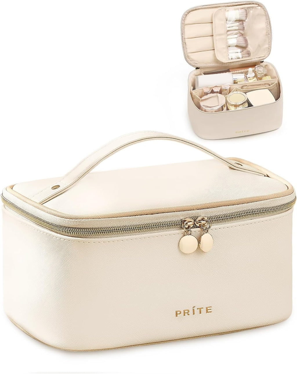 Prite Makeup Bag Travel Cosmetic Case, Women Toiletry Bag Organizer, Beige | Make Up Bag, PU Leather Waterproof Large Makeup & Skincare Case with Brush Holder, Divider & Handle for Girls