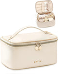 Prite Makeup Bag Travel Cosmetic Case, Women Toiletry Bag Organizer, Beige | Make Up Bag, PU Leather Waterproof Large Makeup & Skincare Case with Brush Holder, Divider & Handle for Girls
