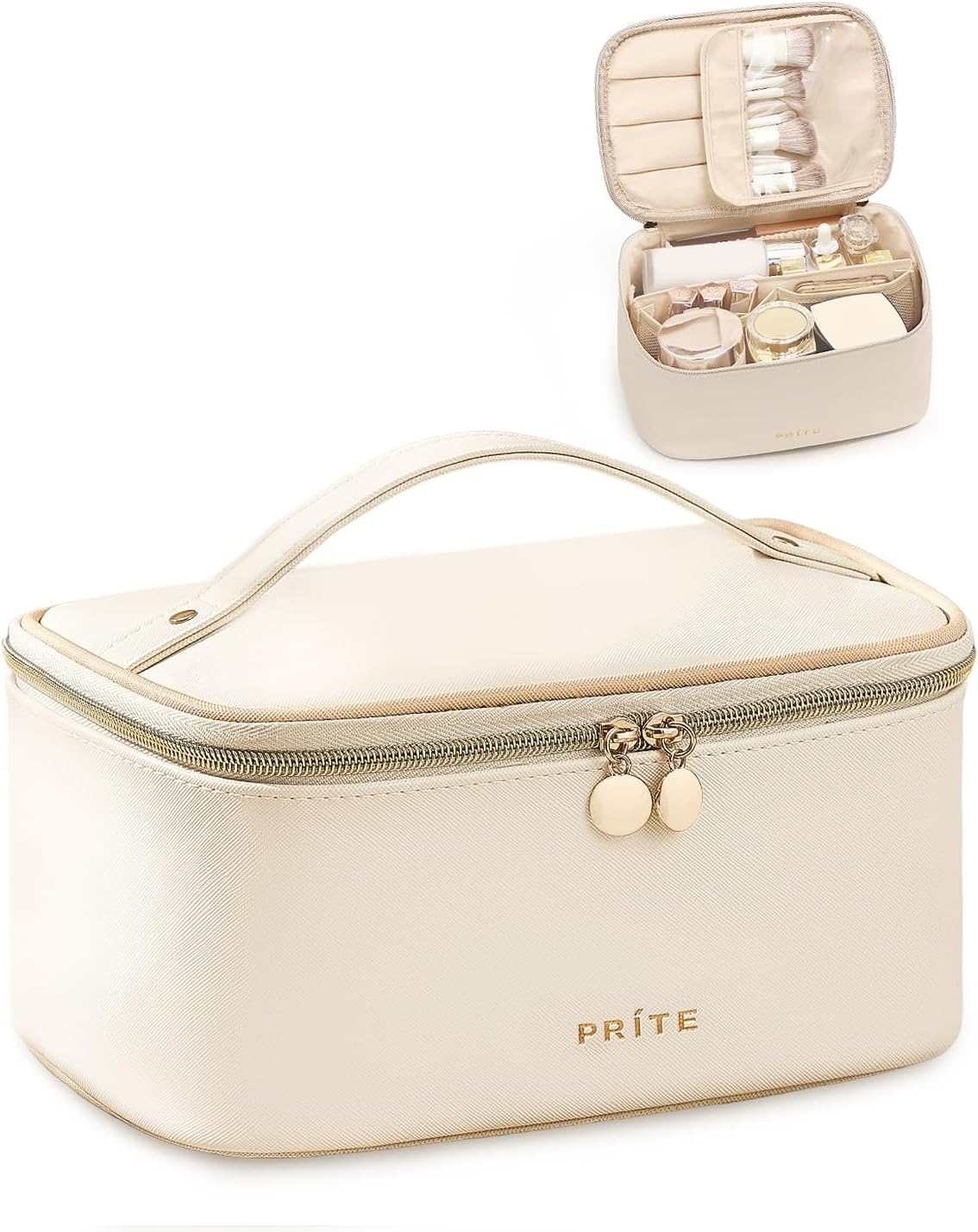 Prite Makeup Bag Travel Cosmetic Case, Women Toiletry Bag Organizer, Beige | Make Up Bag, PU Leather Waterproof Large Makeup & Skincare Case with Brush Holder, Divider & Handle for Girls