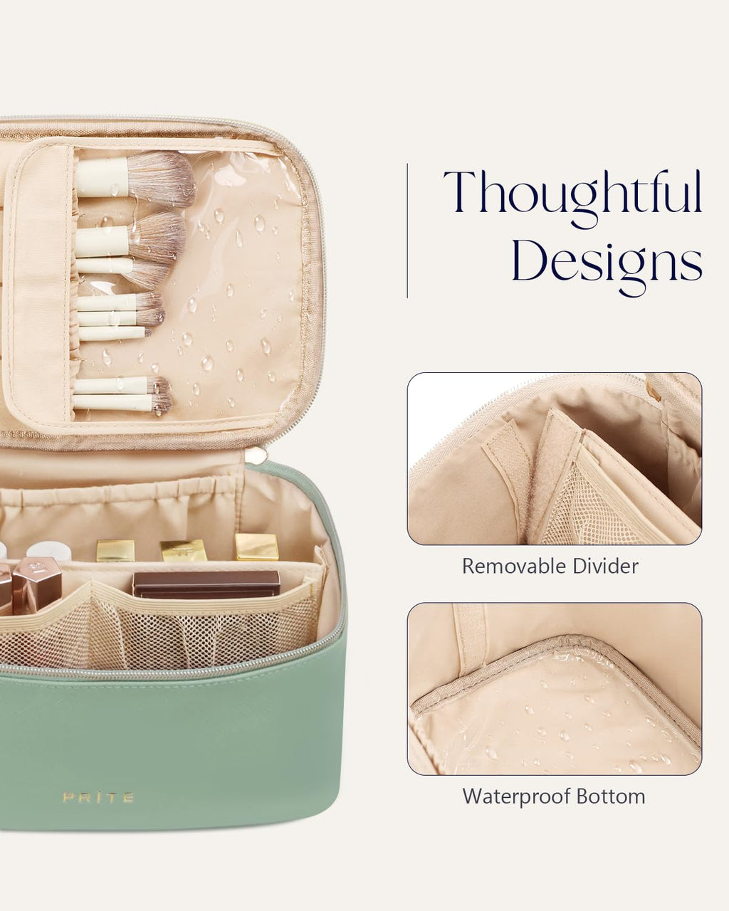 Prite Makeup Bag Travel Cosmetic Case, Women Toiletry Bag Organizer, Beige | Make Up Bag, PU Leather Waterproof Large Makeup & Skincare Case with Brush Holder, Divider & Handle for Girls