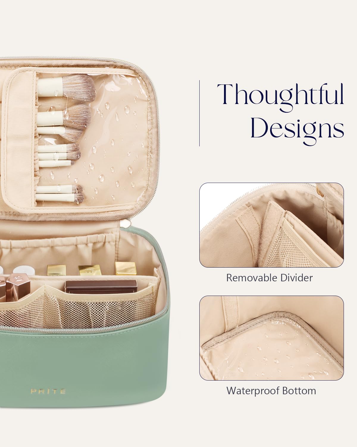 Prite Makeup Bag Travel Cosmetic Case, Women Toiletry Bag Organizer, Beige | Make Up Bag, PU Leather Waterproof Large Makeup & Skincare Case with Brush Holder, Divider & Handle for Girls