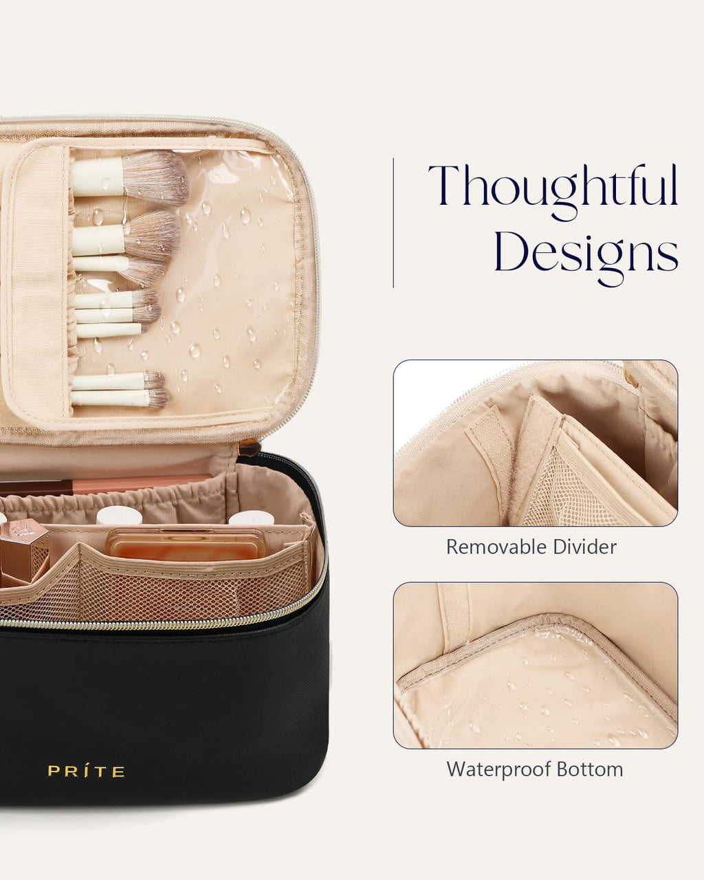 Prite Makeup Bag Travel Cosmetic Case, Women Toiletry Bag Organizer, Beige | Make Up Bag, PU Leather Waterproof Large Makeup & Skincare Case with Brush Holder, Divider & Handle for Girls
