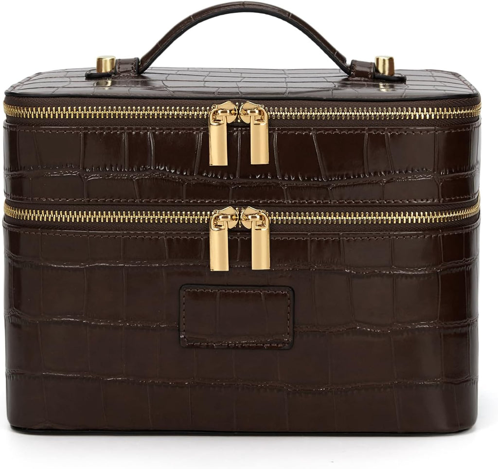 HiTotes Large Makeup Bag Crocodile Duo Vanity Case for Women Travel Toiletry Bag Leather Makeup Case Cosmetic Bag