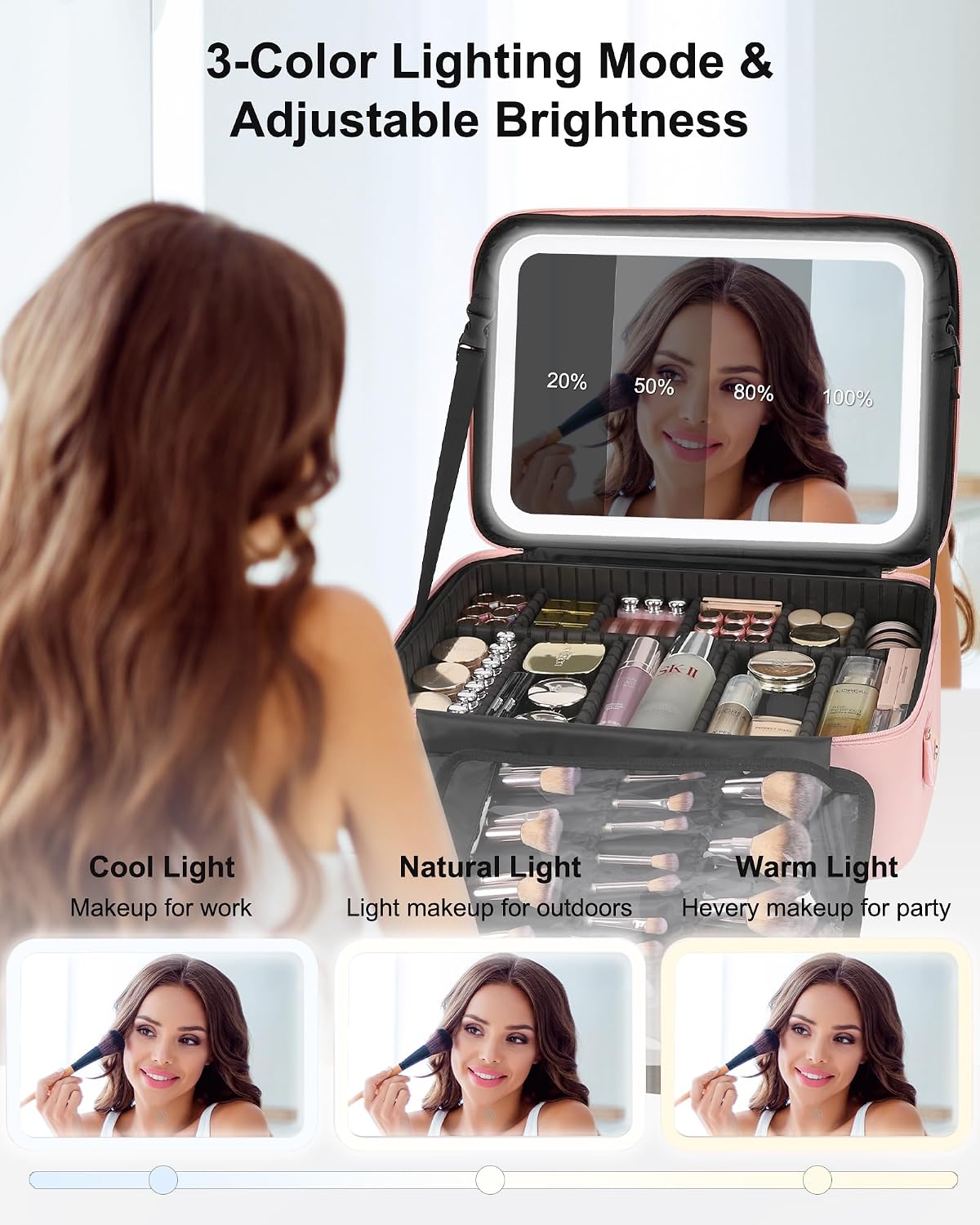 Relavel Large Makeup Case with LED Mirror, 16.2" Train Case with Dividers