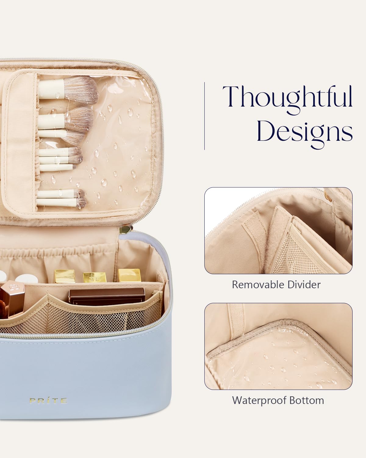 Prite Makeup Bag Travel Cosmetic Case, Women Toiletry Bag Organizer, Beige | Make Up Bag, PU Leather Waterproof Large Makeup & Skincare Case with Brush Holder, Divider & Handle for Girls