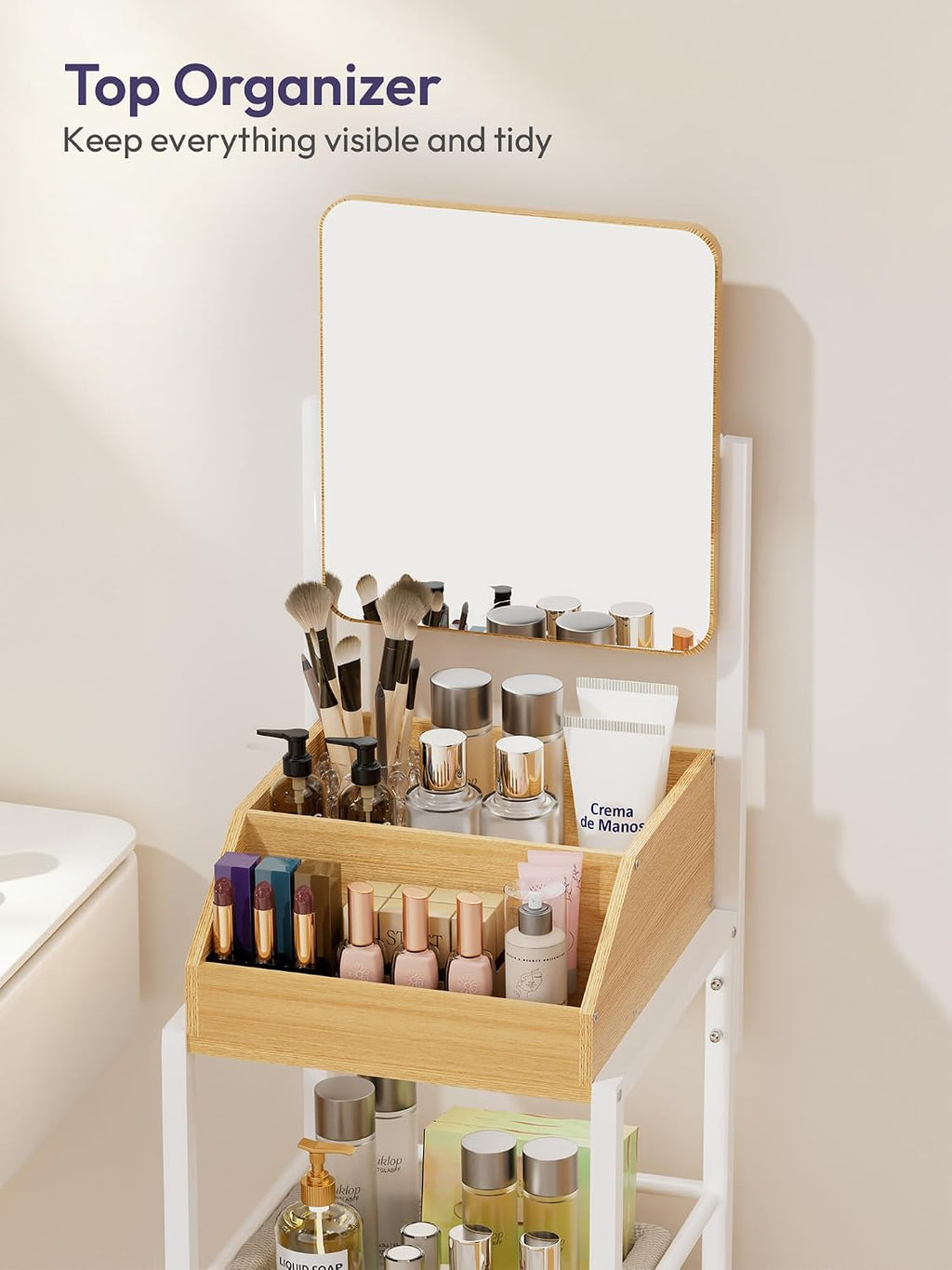 SWTYMIKI Makeup Organizer Cart with Mirror - Makeup Storage Vanity Dresser with Non-Woven Drawers, 360° Rotating HD Mirror, Rolling Organizer Cart for Skin Care Perfume Nail Polish Hair Tool White