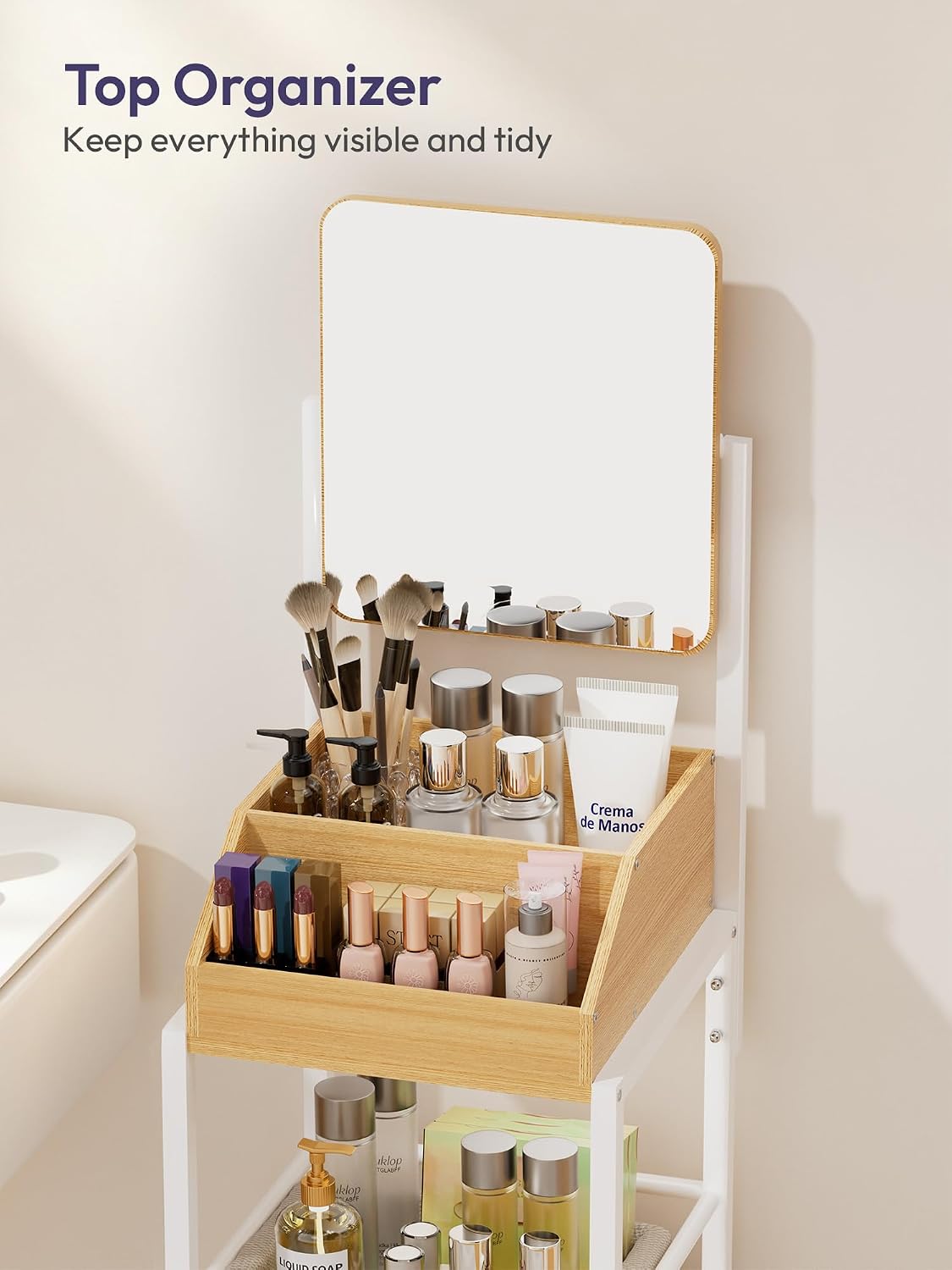SWTYMIKI Makeup Organizer Cart with Mirror - Makeup Storage Vanity Dresser with Non-Woven Drawers, 360° Rotating HD Mirror, Rolling Organizer Cart for Skin Care Perfume Nail Polish Hair Tool White