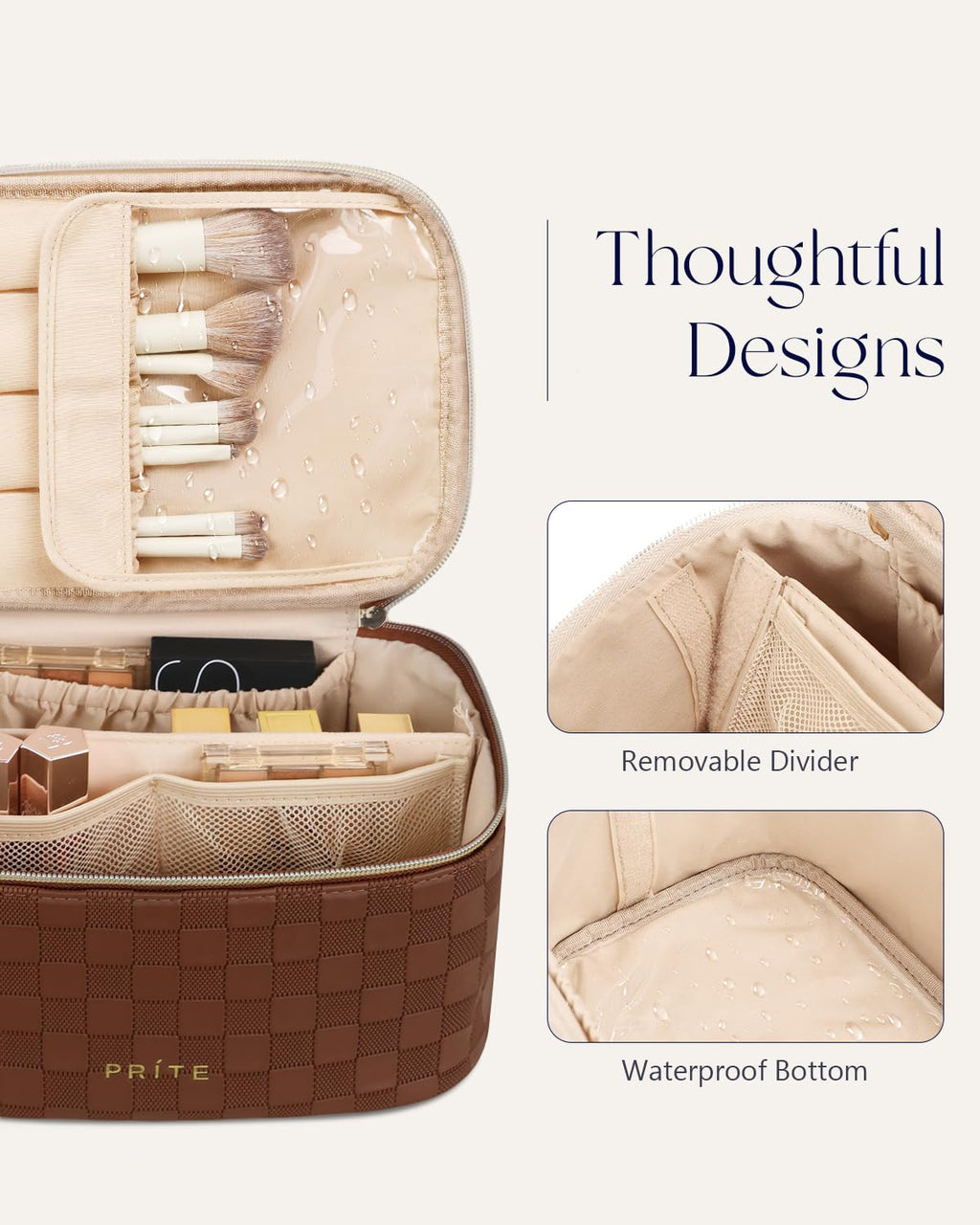 Prite Makeup Bag Travel Cosmetic Case, Women Toiletry Bag Organizer, Beige | Make Up Bag, PU Leather Waterproof Large Makeup & Skincare Case with Brush Holder, Divider & Handle for Girls