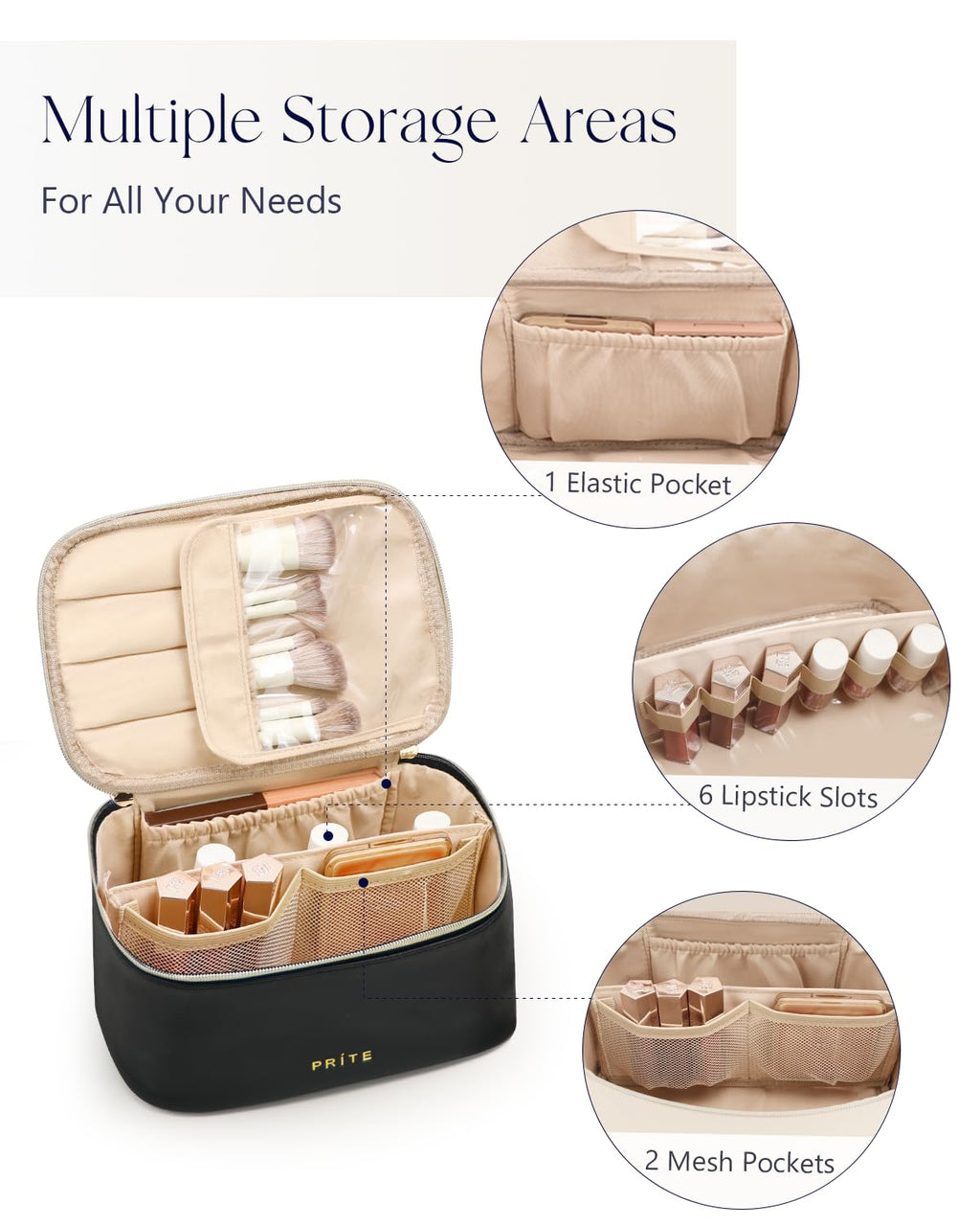 Prite Makeup Bag Travel Cosmetic Case, Women Toiletry Bag Organizer, Beige | Make Up Bag, PU Leather Waterproof Large Makeup & Skincare Case with Brush Holder, Divider & Handle for Girls