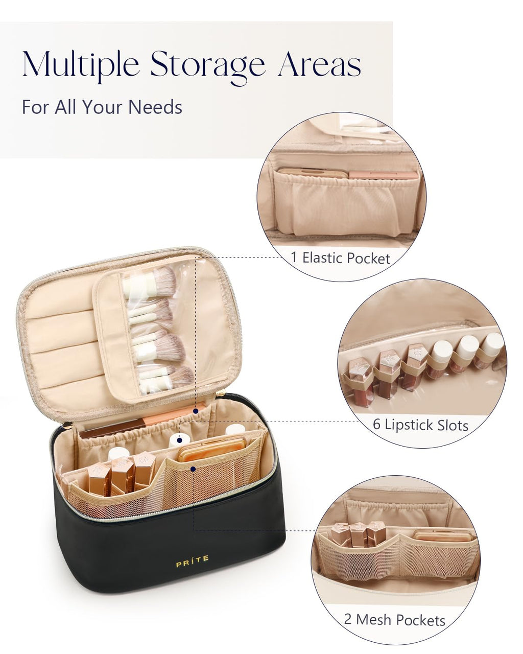 Prite Makeup Bag Travel Cosmetic Case, Women Toiletry Bag Organizer, Beige | Make Up Bag, PU Leather Waterproof Large Makeup & Skincare Case with Brush Holder, Divider & Handle for Girls