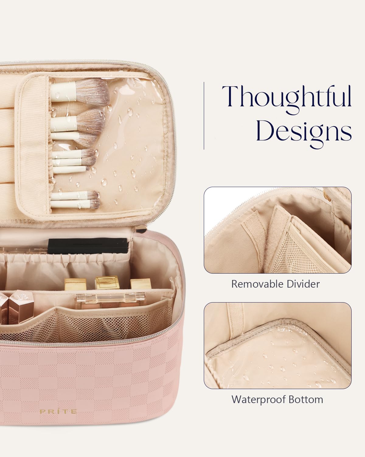Prite Makeup Bag Travel Cosmetic Case, Women Toiletry Bag Organizer, Beige | Make Up Bag, PU Leather Waterproof Large Makeup & Skincare Case with Brush Holder, Divider & Handle for Girls